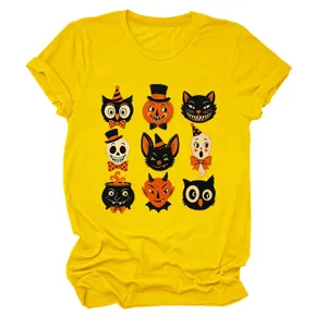 Vintage Halloween graphic print short sleeve crewneck yellow t-shirt for women casual top.