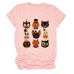 Detailed view of the vintage Halloween cartoon graphic print on the pink t-shirt.