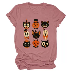 Vintage Halloween graphic tee with nine retro spooky character icons. Soft crew neck short sleeve.