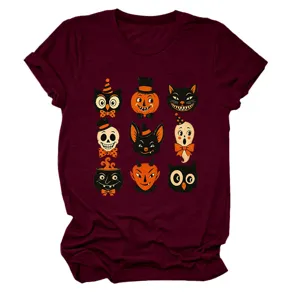 Womens retro vintage Halloween icons print short sleeve crewneck burgundy t-shirt detail.