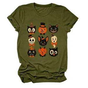 Vintage Halloween graphic short sleeve t-shirt featuring fun retro cartoon prints for women.