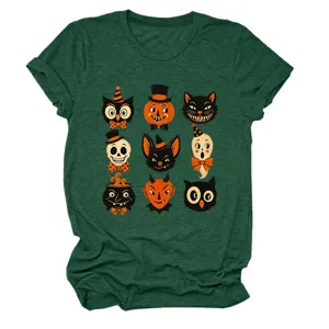 Vintage Halloween spooky 9-grid graphic print short sleeve dark green t-shirt details.