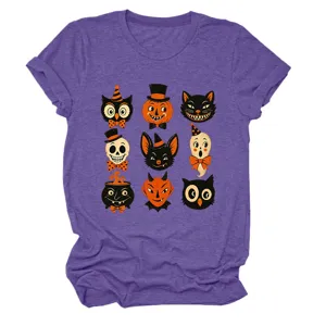 Vintage Halloween graphic short sleeve t-shirt featuring cute retro seasonal characters.