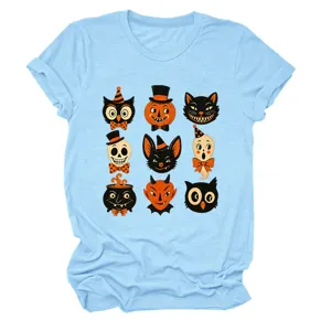Light blue short sleeve t-shirt featuring vintage halloween graphic prints for women casual wear