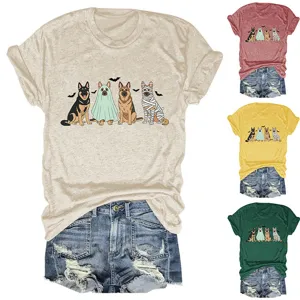 Casual women short sleeve t-shirt with cute halloween dog graphic print and denim shorts.