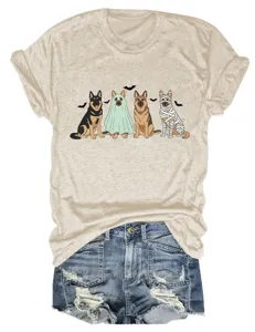 Casual women's short sleeve crewneck t-shirt with cute Halloween German Shepherd dogs print.