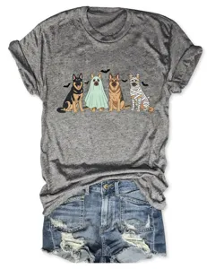 Cute German Shepherd Halloween costume graphic grey t-shirt paired with blue denim shorts.