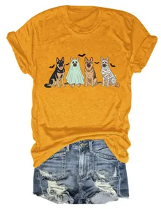 Casual women halloween funny german shepherd dog graphic short sleeve crewneck t-shirt denim shorts