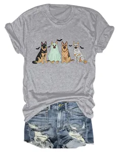 Women's Grey Halloween German Shepherd Graphic Short Sleeve T-Shirt with Denim Shorts