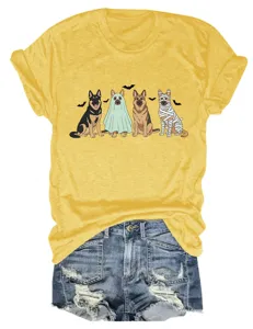 Women's cute German Shepherd Halloween graphic short sleeve yellow round neck casual t-shirt