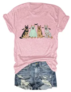 Casual cute women's short sleeve crewneck t-shirt featuring funny Halloween dog graphic print.