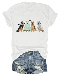 Casual comfortable funny women short sleeve t-shirt with cute Halloween German Shepherd dogs.