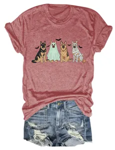 Casual cute Halloween dog graphic print short sleeve round neck t-shirt for women daily wear