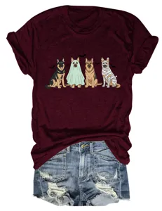 Women casual funny german shepherd halloween dogs graphic crewneck short sleeve t-shirt top