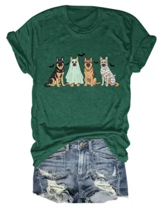 Green casual women short sleeve t-shirt with cute halloween german shepherd dogs graphic.