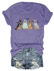 Casual women's funny four dogs print crewneck short sleeve t-shirt with denim shorts detail.