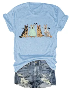 Close-up detail of women casual cute dog bat graphic short sleeve t-shirt with denim shorts.
