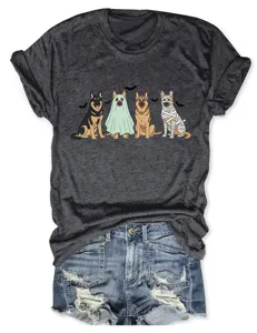 Detailed view of dark grey women short sleeve t-shirt with cute dog Halloween graphic print.