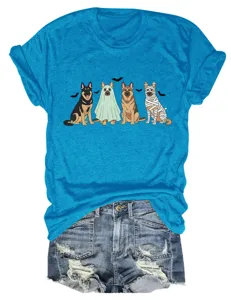 Close-up of cute Halloween German Shepherd dogs graphic on blue short sleeve tee detail.