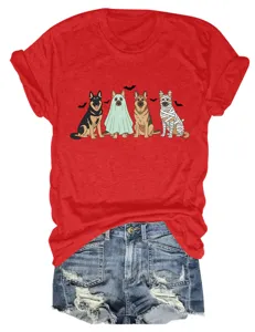 Women casual red short sleeve t-shirt with cute dog Halloween graphic and denim shorts