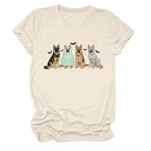 Close-up detail of beige cotton t-shirt featuring cute German Shepherd Halloween graphic.