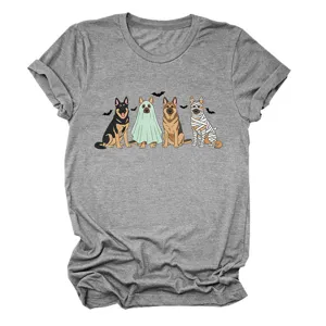 Women grey short sleeve t-shirt featuring cute German Shepherd dogs Halloween graphic print.