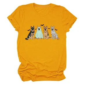 Women's casual yellow short sleeve t-shirt featuring cute Halloween German Shepherd dogs graphic.