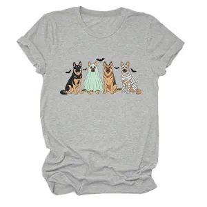 Casual women's gray short sleeve t-shirt featuring cute Halloween dogs graphic design.