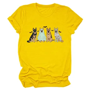 Cute German Shepherd Halloween costume graphic women short sleeve yellow casual t-shirt detail