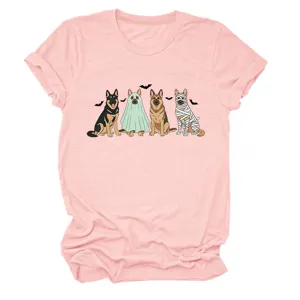 Women cute Halloween German Shepherd dog graphic short sleeve round neck casual pink t-shirt