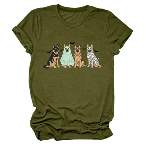 Women Cute Halloween German Shepherd Dog Graphic Short Sleeve Crewneck Casual Green T-Shirt