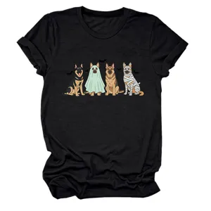 Women's Casual Black Short Sleeve T-Shirt Cute Halloween German Shepherd Dog Graphic Tee