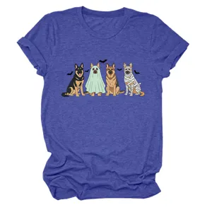 Women's cute German shepherd dogs Halloween graphic print crewneck short sleeve casual blue t-shirt