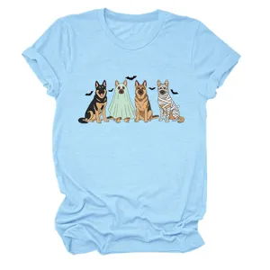 Women funny German Shepherd Halloween graphic short sleeve t-shirt casual crewneck tee.