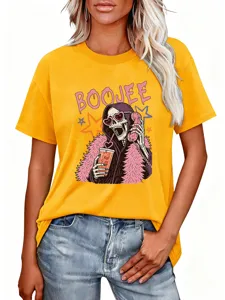 T-shirt à manches courtes jaune élégant avec un imprimé graphique squelette tendance.