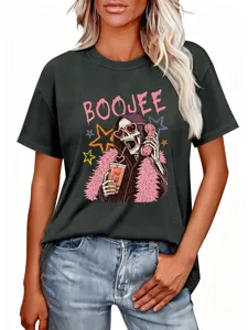 T-shirt femme gris foncé à manches courtes avec motif squelette drôle et beau lettrage.