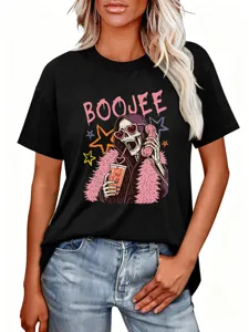 T-shirt noir à manches courtes pour femme avec motif squelette tendance et imprimé BOOJEE.