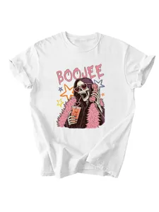T-shirt blanc avec imprimé squelette graphique et design élégant BOOJEE à manches courtes.