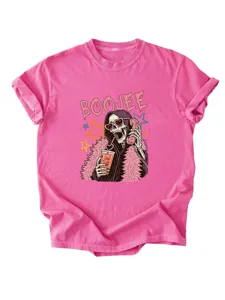 T-shirt graphique rose à manches courtes pour femme avec imprimé squelette tendance haut