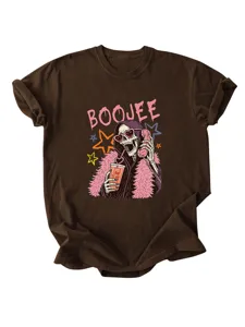 T-shirt marron à manches courtes pour femme avec imprimé squelette boojee tendance.