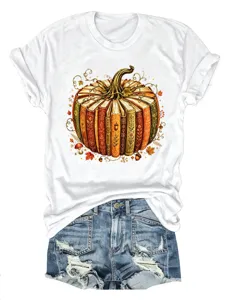 Bequemes lässiges Damen T-Shirt in Weiß mit herbstlichem Kürbis Bücher Grafik Motiv.