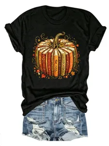 Lässiges kurzärmliges schwarzes Damen T-Shirt mit kreativem Herbst Kürbis Bücher Print.