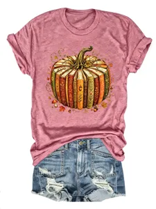 Damen herbstlicher kürbis buch grafik kurzarm t-shirt, bequemes freizeit oberteil detail ansicht