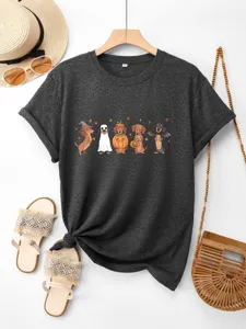 Maglietta donna Halloween carino bassotto grafico cotone manica corta top casual moda