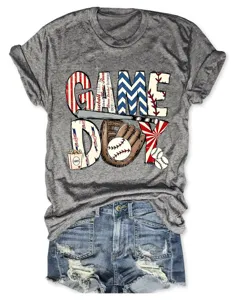Damen casual graues kurzarm t-shirt game day baseball grafik drucken top kleidung mode