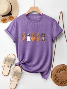 Maglietta maniche corte donna Halloween bassotto cotone viola top grafico carino