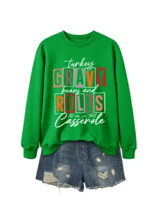 Sweat-shirt à manches longues vert imprimé de lettres Thanksgiving et short en jean