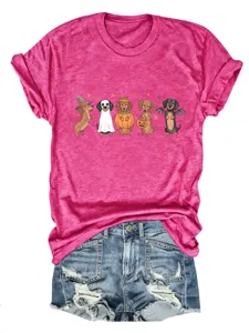 Donne simpatico Halloween bassotto grafico manica corta t-shirt abbinato con pantaloncini di jeans