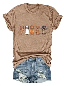 Maglietta top casual in cotone a maniche corte con grafica simpatico bassotto Halloween.