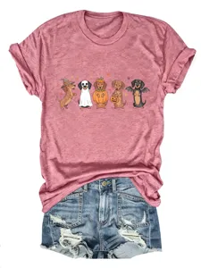 Donne Halloween Bassotto Stampa T-Shirt Manica Corta e Pantaloncini di Jeans Outfit Casual